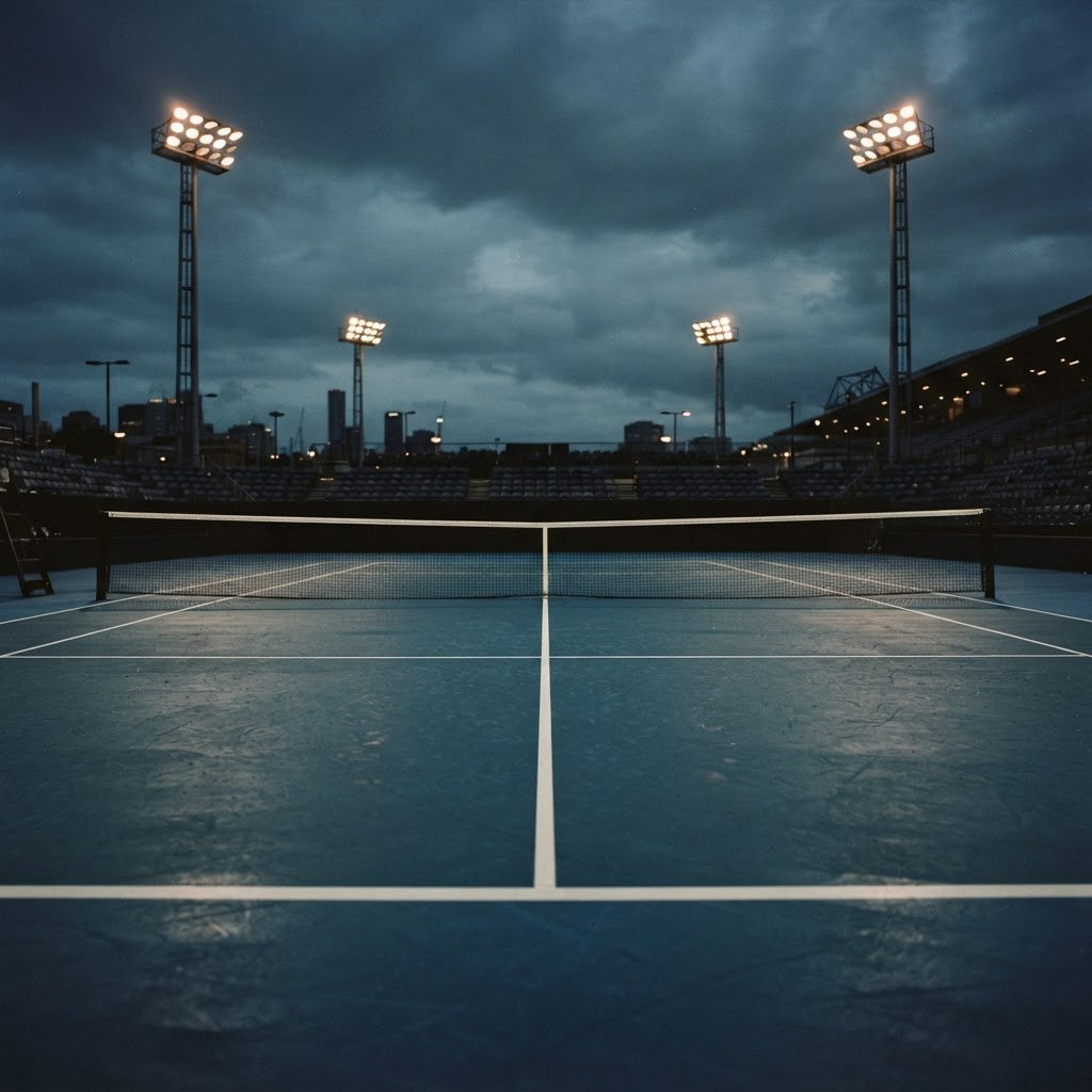 Professional tennis court at dusk