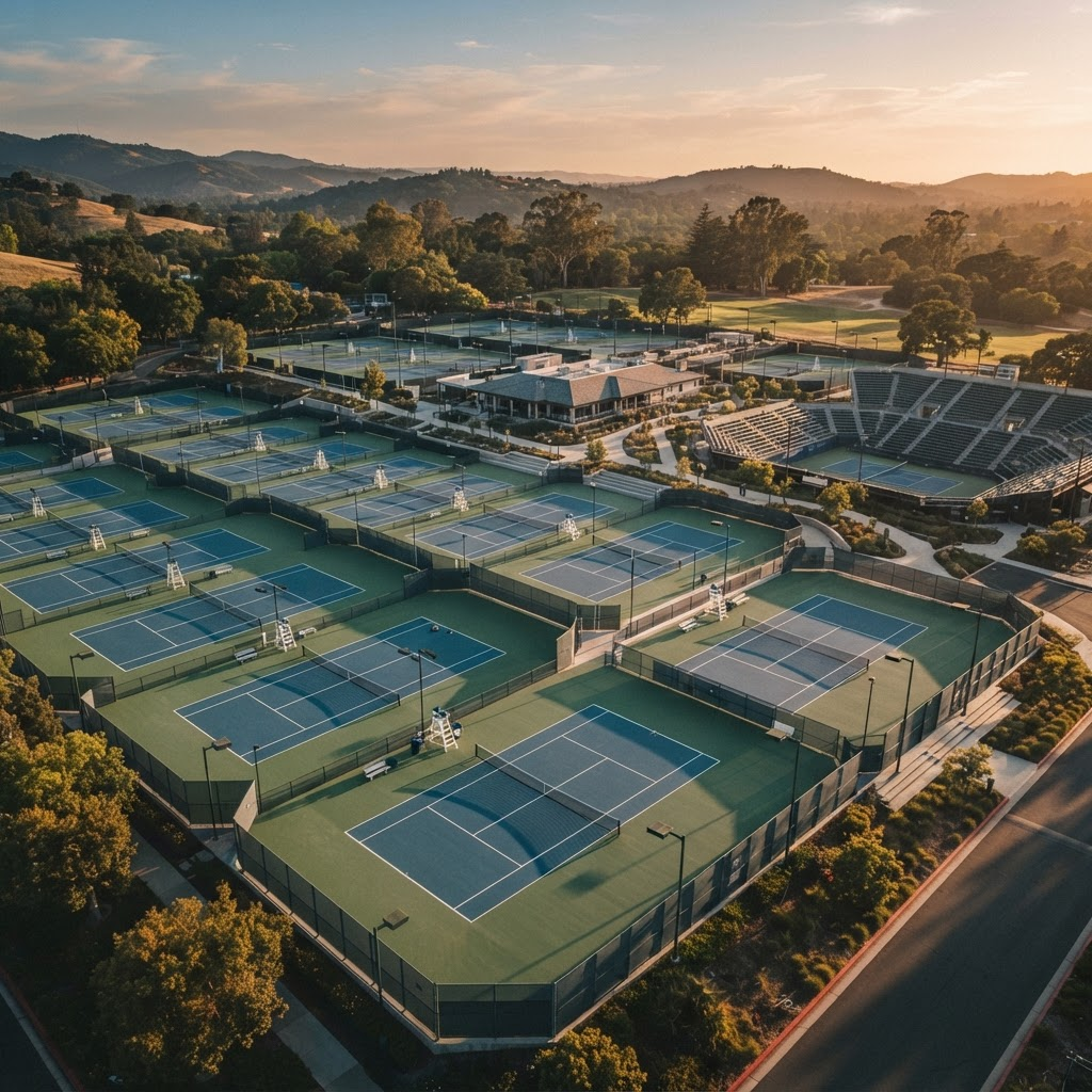 Aerial view of a professional tennis facility at golden hour
